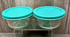 Set of 2 Pyrex 7202A 1 Cup Storage Bowls w/ Green Lids