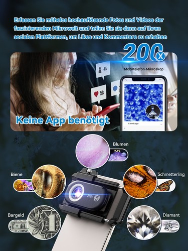 APEXEL Digital 200X Microscopio Obiettivo Telefono Portatile Obiettivi con Luce LED - Foto 4 di 8
