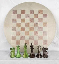 AMAZING High Polymer Weighted Chess Pieces w/ Round Soapstone Chess Board Set