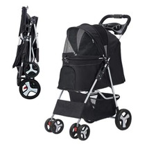 Pet Dog Stroller Travel Carriage 4 Wheeler w/Foldable Carrier Cart  Cup Holder
