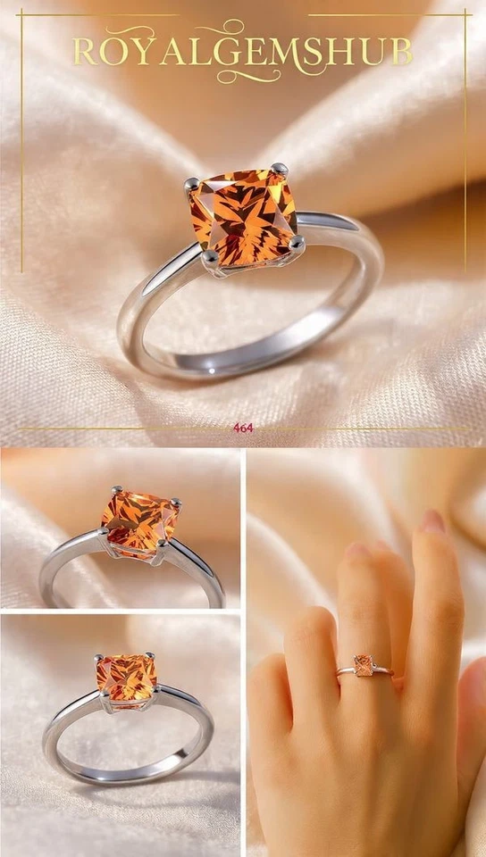 Anillo de compromiso de diamantes naranja talla princesa de 2 quilates | Solitario de plata de ley 💍 Foto 4 de 4