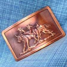 Western Steer Wrestling Cowboy Belt Buckle Rodeo Pressed metal Vtg 70s .TAZ447