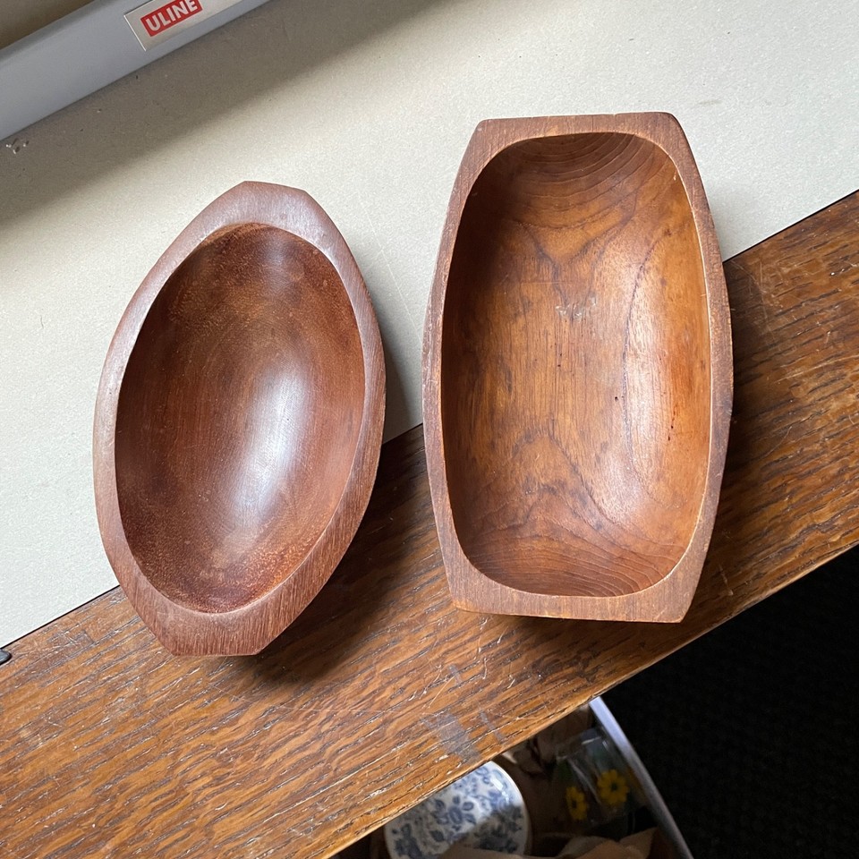2 - 7.5" Geometric Mid Century Hand Carved Polished Wood Teak Bowls 1960's