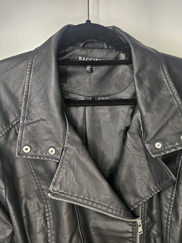 Chaqueta de motocicleta BACCINI negra para mujer Plus 3X con cinturón motociclista imitación cuero cremallera Foto 2 de 4