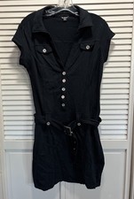 Guess Black Button Down Short Sleeve Shirt Dress XL Collar Pockets Belt NWOT
