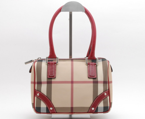 Burberry Nova Check Red Leather Mini Hand Bag Purse Beige Canvas Italy Authentic