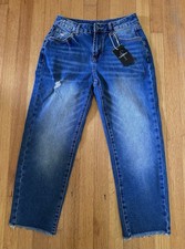 NWT Flamingals High Waisted Distressed Jeans Women's Straight Raw Hem Blue New