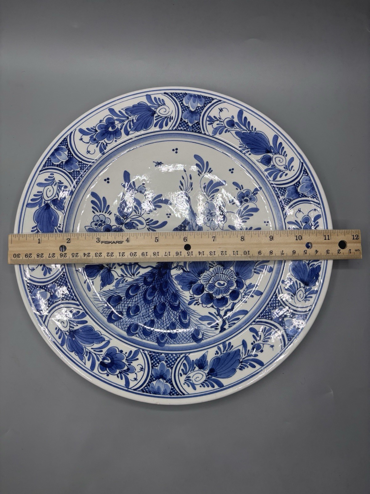 Delft Vintage Peacock Porcelain Plate Signed Blue White artist DP