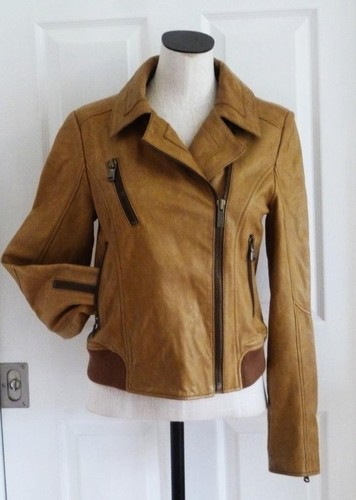 Rare UGG Caramel Brown Lamb Leather 6 Logo Zippers Biker Moto Jacket Coat Wm S M