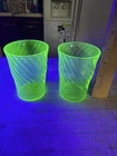 2 Vintage Uranium Glass Swirl Juice Glass •  4" tall • Vaseline