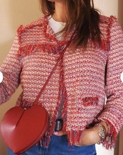 Zara Tweed Fringe Jacket Womens M Red Multi Open Front Boucle Frayed Classic