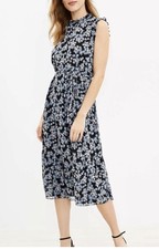 EUC LOFT Navy Midi Dress with Light Blue Floral Print Size Small