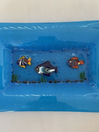 Murano Art Glass Millefiori Blue Fish Trinket Candy Dish Serving Plate 10.5" - Picture 5 of 14