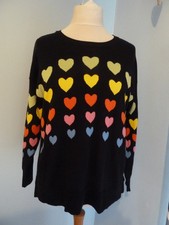 M&Co Jumper Sz 16 Navy Black Multicoloured Hearts Box Style Side Slit 49% Cotton