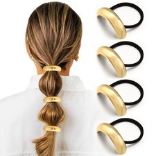 Gold Hair Ties Metal Thick Round Geometric Cuffs Ponytail Holders 4 PCS