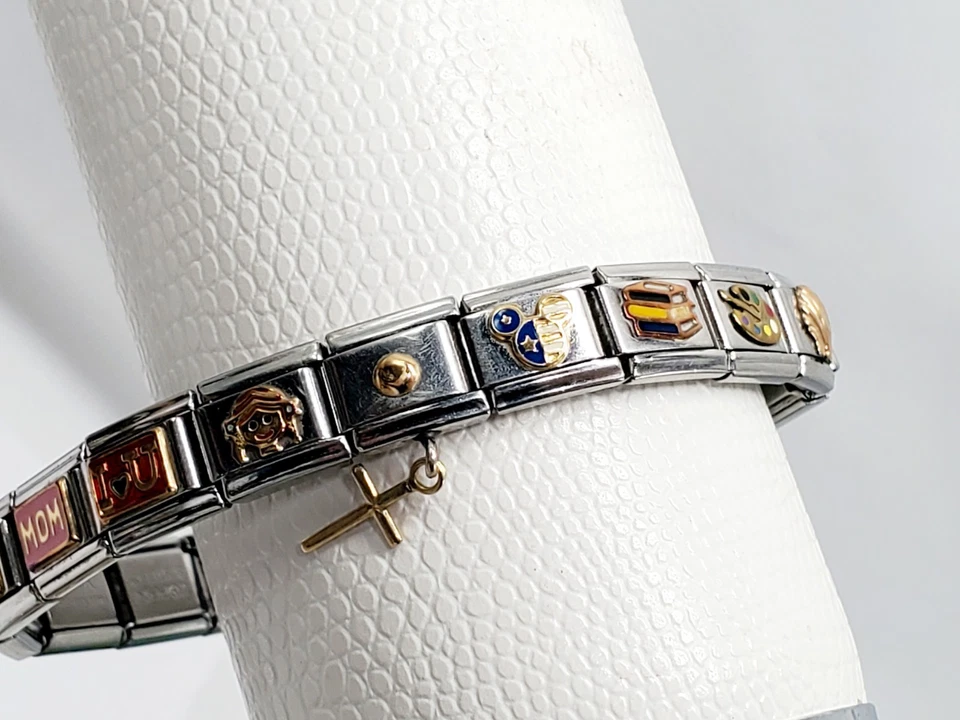 ZOPPINI Pulsera Italiana de Acero Inoxidable Acentos de Oro 18k Dijes de Viaje Disney Foto 4 de 4