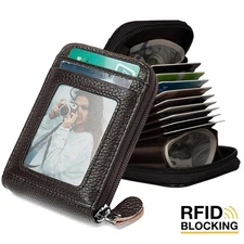 Men Genuine Leather Credit Card Holder Zipper Around Accordion Card Slots Wallet