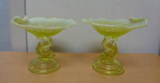2 Vintage Vaseline Uranium Glass Compote Dolphin Fish Base Water Lily Bowl