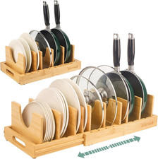 Bamboo Pot Lid Organizer, Adjustable Kitchen Organizer for Cabinet, Expandable P