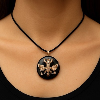 Antique Victorian 14K Rose Gold Diamond Onyx Double Head Tzars Eagle Pendant