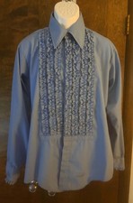 Vintage Delton Ruffled Powder Blue Tuxedo Shirt 16x34 Retro Formal Prom