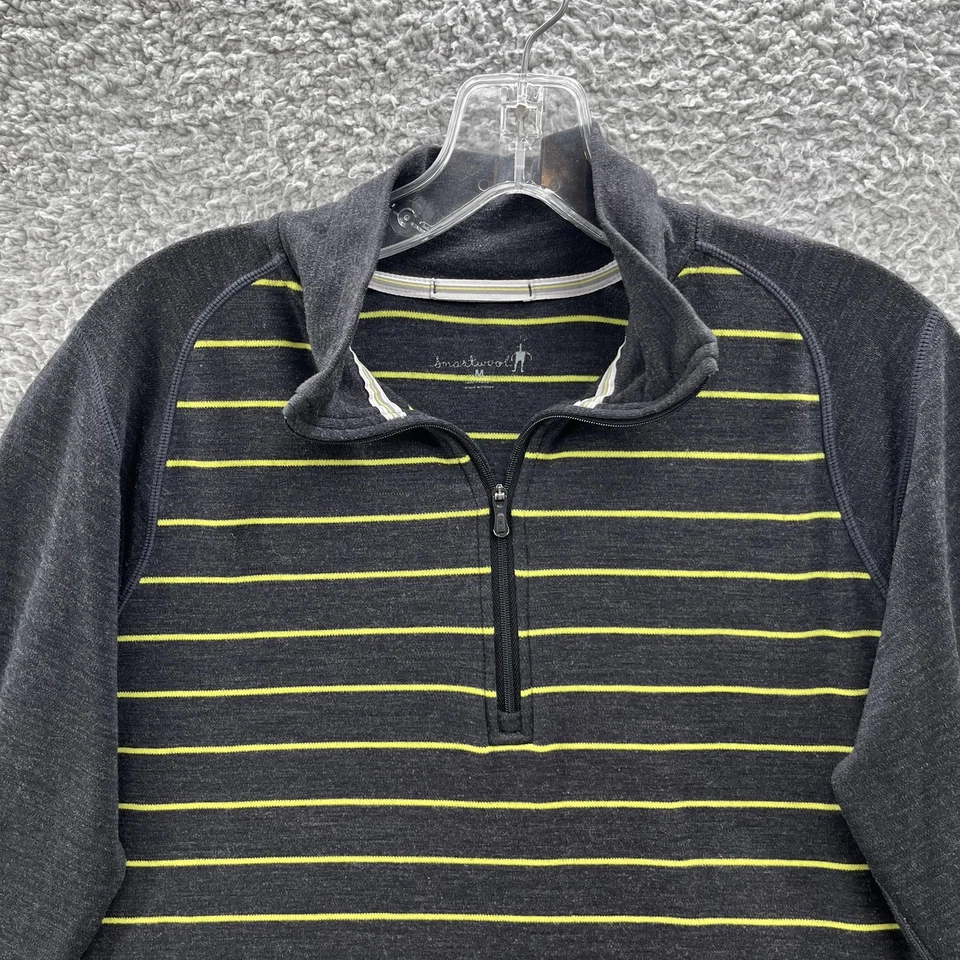 Smartwool Sweater Men Medium Gray Stripe Quarter Zip Merino Wool Outdoor Base - Image 2 of 4