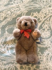 Classic Plush Teddy Bear Stuffed Animal Brown Eyes Beige W/ Red Bow 8 Jointed