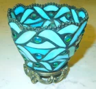 Vtg Partylite Spring Water Blue Stained Glass Tiffany Style Votive Candle Holder