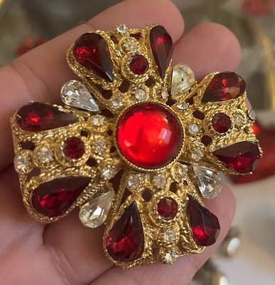 Vintage Maltese Cross Brooch Red Rhinestone Glass Victorian Revival Sphinx Style