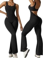 Women Sleeveless Flare Jumpsuit Sexy Backless Tank Top Scrunch Butt Yoga Romper