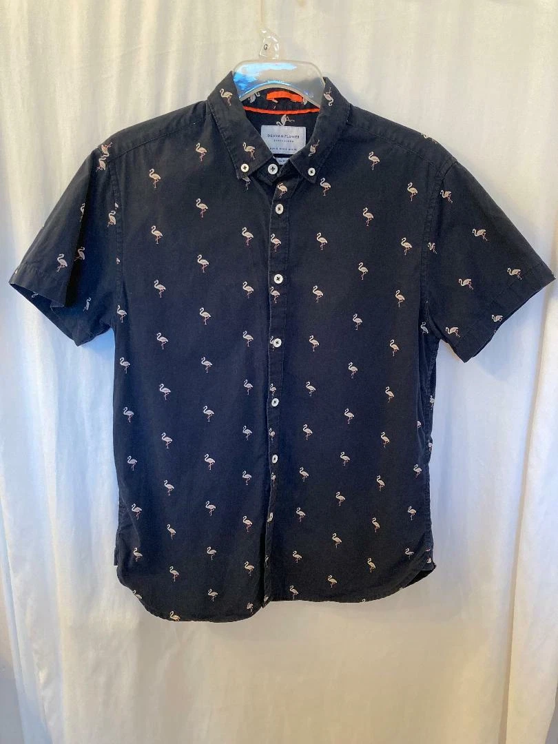 Denim Flower Flamingo Novelty Print Shirt Men s Size S Slim Fit
