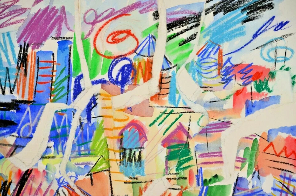 Pintura al óleo collage abstracto vintage firmado original de Diane Tanchak Foto 4 de 4