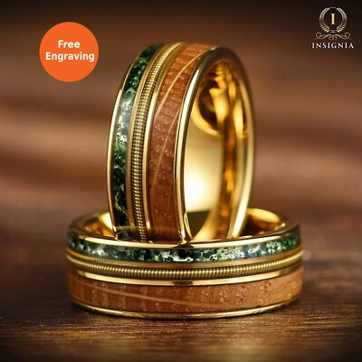 Herren Gold Hochzeit / Versprechen Ring mit Moosachat, Whiskey Holz & Gitarrensaite