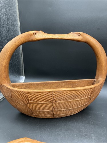 SET OF 3 Vintage Handmade Carved Wooden Folk Art Baskets Kissing Swan Pair - Picture 6 of 13