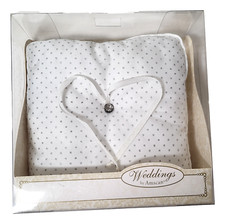 Ring Bearer Pillow 8" Sq White w/Silver Dot + Rhinestone Accent Wedding Supplies