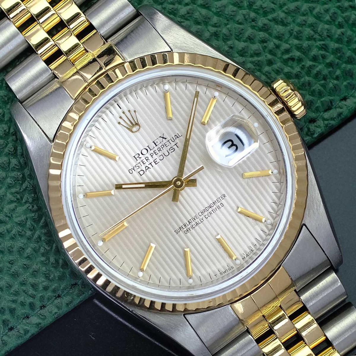 Rolex Datejust 16233 18KY Gold SS Silver Tapestry Dial Fluted 36mm