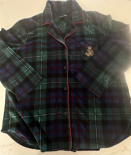 Ralph Lauren Fleece 2pc Pajama Set~Green Plaid Crest Logo Sleepwear~Women’s L - Picture 7 of 8