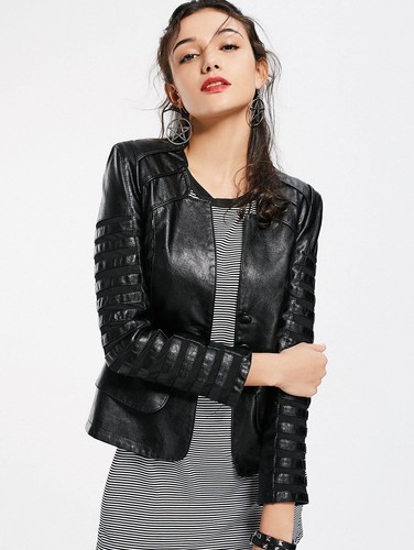 Frühlingsleder Damenjacke Langarm Patchwork schwarz Mantel Reißverschluss PU Jacke - Bild 35 von 43