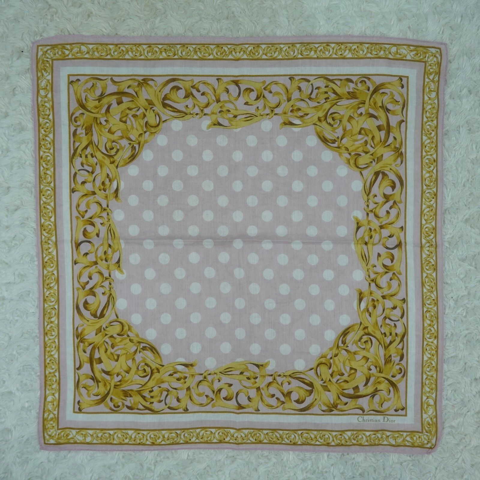 N775 CHRISTIAN DIOR Foulard foulard coton rose doré poche carré 18,5