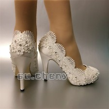 su.cheny CLOSE toe 3  4" heel satin flowers white ivory lace Wedding Bridal shoes