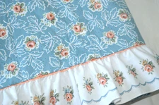 VTG LADY PEPPERELL FULL FLAT SHEET w/ RUFFLE TOP BLUE w/ ROSES No Iron Percale