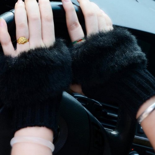 Women Winter Fingerless Gloves Furry Faux Rabbit Fur Knitted Half Finger Gloves - Picture 12 of 17