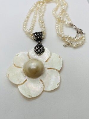 18” STERLING SILVER FLOWER CARVED MOTHER OF PEARL FRESHWATER NECKLACE ...