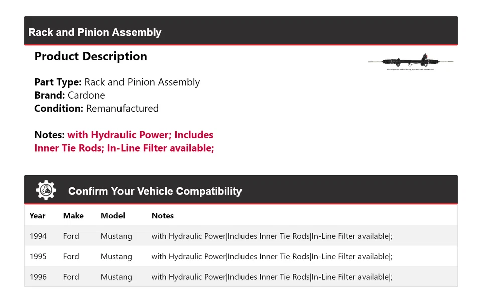 Conjunto de piñón y cremallera para Ford Mustang 1994-1996 Cardone 1995 Foto 2 de 4