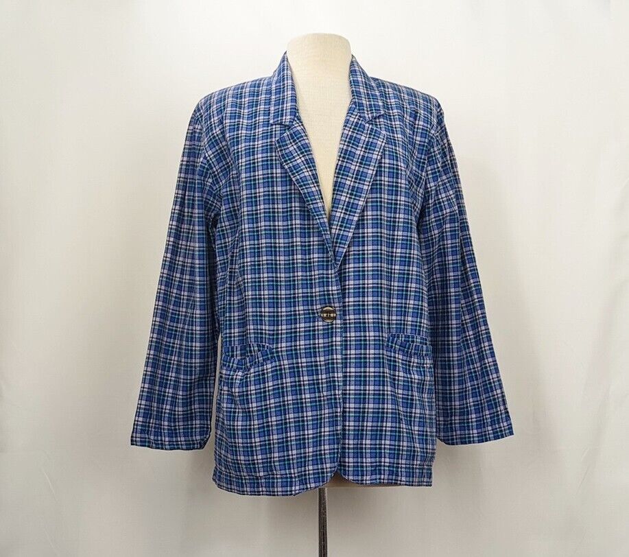 Vintage 90s Jacket Blue Lavender Plaid Cotton Aca… - image 1