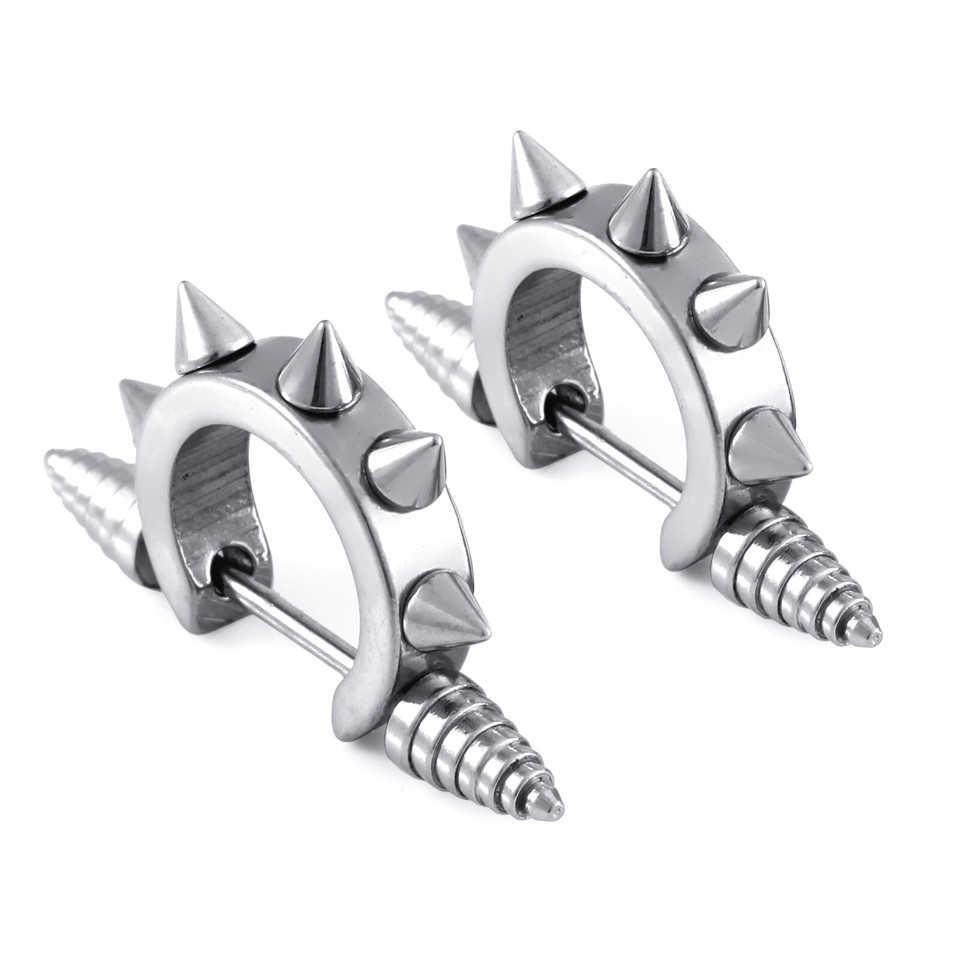 Stainless Steel Awl Taper Spike Hoop Earrings - Punk Rock Stud Huggie Hinged Earrings
