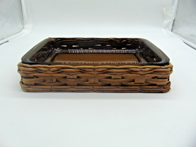 Vintage Pyrex Amber Glass Casserole/Cake/Bar Pan with Woven Wicker Carrier