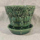 McCoy Green Ceramic Floral Planter with Saucer Mid-Century Modern Vintage USA