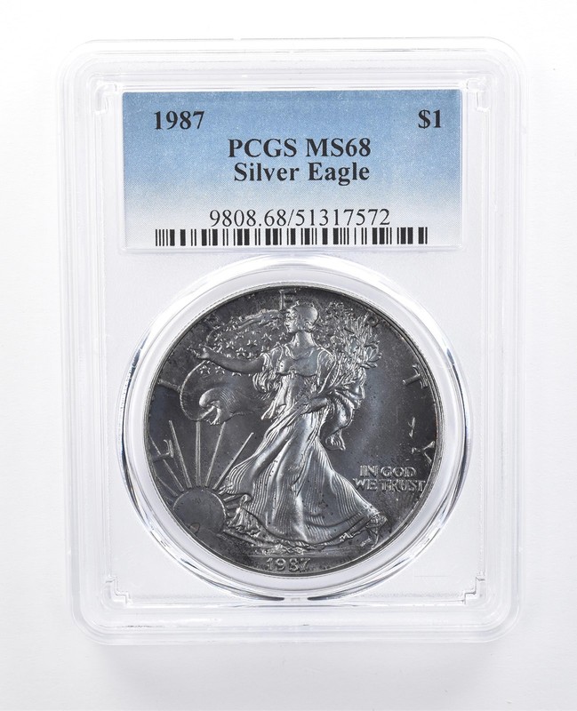 1987 American Silver Eagle MS68 PCGS Dark Blue Tone a8161