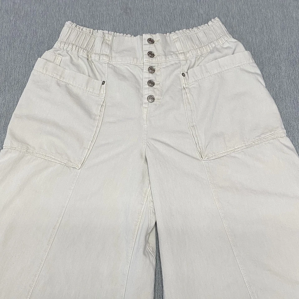 Free People Pants Womens Large Wide Leg Baggy Crop Pull On Jean Sun Setter Beige - Image 2 of 4